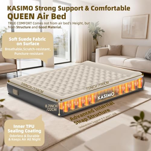 KASIMO Queen Air Mattress with Wireless Battery Pump, 75x59x8.7 Inch, Eco TPU