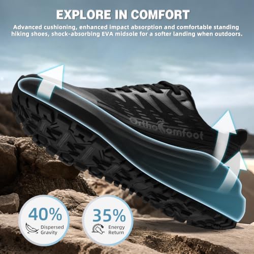 Men's Wide Orthopedic Support Shoes for Plantar Fasciitis - Slip-Resistant Hiking Sneakers, Black, 10 Wide, K1