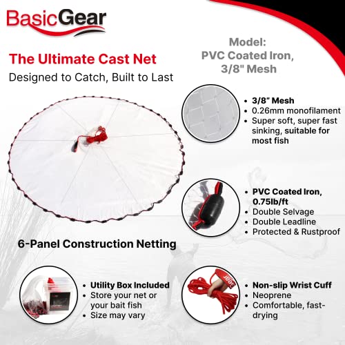 BasicGear 4ft Cast Net with 1/4 Inch Mesh and Protected Weights - Fish Bait Catching
