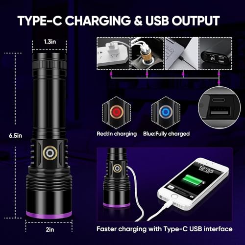 365nm UV Flashlight with Filter Lens & USB Rechargeable, 30W Black Light - Variation: 365nm1