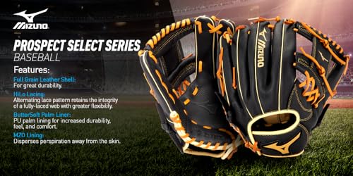 Mizuno Prospect Select Infield Baseball Glove - Deep 3 Web, Black/Brown, 11.5", Right Hand Throw