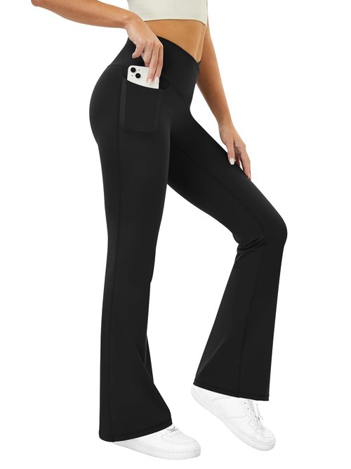 COPYLEAF Flare Leggings with Pockets for Women Seamless Crossover Yoga Pants with Tummy Control Bootcut Work Pants Trendy Black