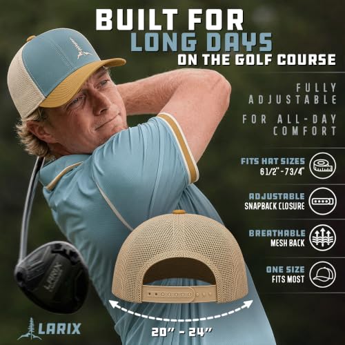 Larix Tamarack Mountain Mesh Snapback Trucker Hat Men Light Blue Amber Gold Beige - 2