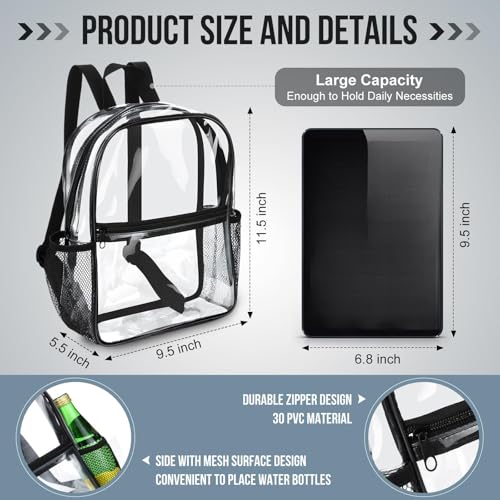 Clear Stadium Backpack Bulk Set - 12 Pack, Black, Compact & Weather-Resistant