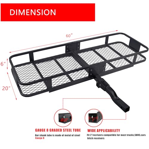 60x20x6 Inch Folding Cargo Carrier for Hitch Mount with 500LBS Capacity and Straps