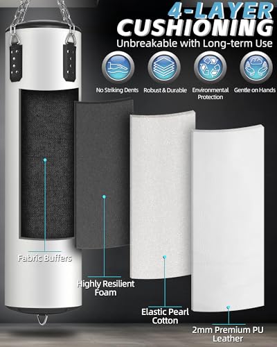 White 4ft PU Boxing Punching Bag Set with Gloves & Accessories - Adjustable Weight