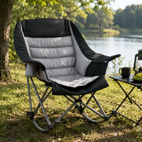 Oversized Foldable Rocking Camping Chair with Cup Holder & Side Pocket - Black & Gray