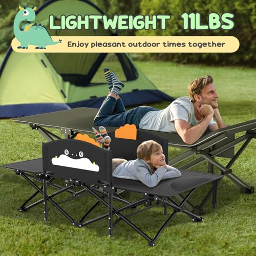 Slendor Black Toddler Folding Travel Cot with Cartoon Handrail & Glow Blanket