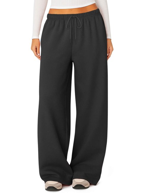 HeSaYep Women's Wide Leg Sweatpants Baggy Fleece Lined High Waisted Sweat Pants Straight Leg Casual Drawstring Pants with Pockets Black M