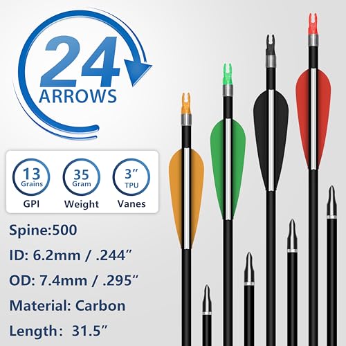 24 Pack Carbon Arrow Shafts for Compound Bows - 30 Inch Spine 500 with Removable Tips, Multi-Color Vanes