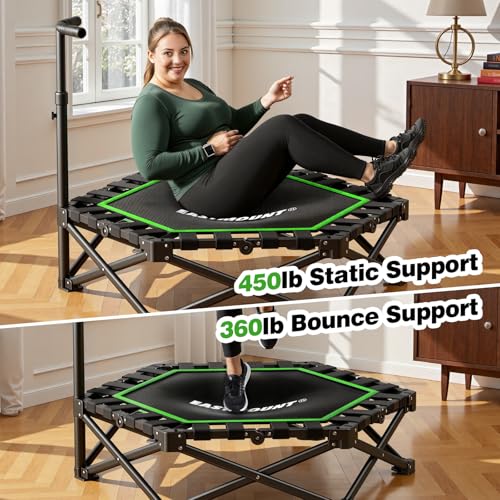 EAST MOUNT Green 42-Inch Foldable Mini Trampoline for Adults, Quiet Indoor Rebounder with Adjustable Handle, 450lbs Capacity