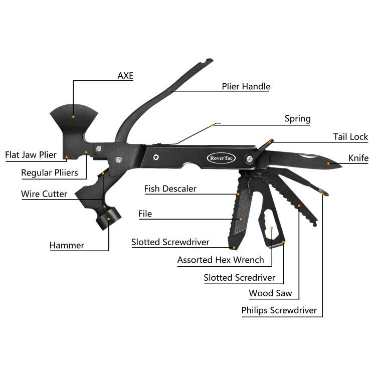 RoverTac 14-in-1 Camping Multi-Tool Axe with Black Sheath – Knife, Hammer, Saw, Screwdrivers