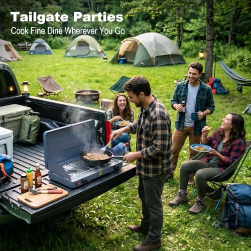 Portable Camping Stove with 2 Burners - Propane Gas Cooktop, Windshield & One-Touch Ignition