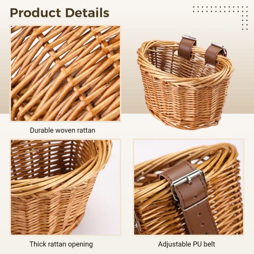 Kids Bike Basket with Adjustable PU Belts - Handmade Woven Rattan, Brown