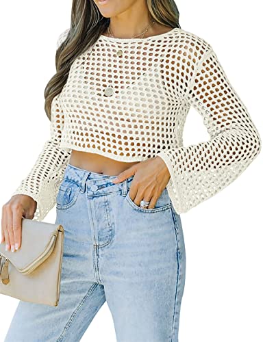 Women's Crochet Crop Top with Long Sleeves Mesh Fishnet Summer Cover Up - Small White