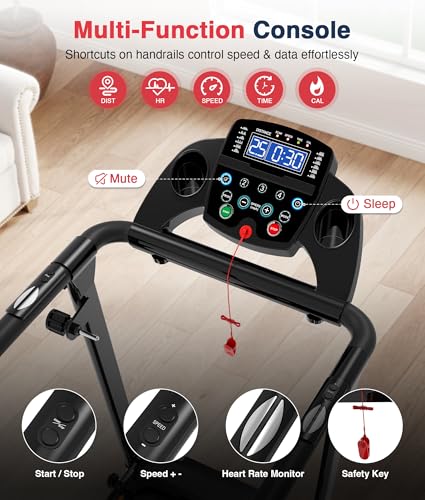 Redliro Senior Treadmill with Long Handrails - Black, Compact Home Walking Machine