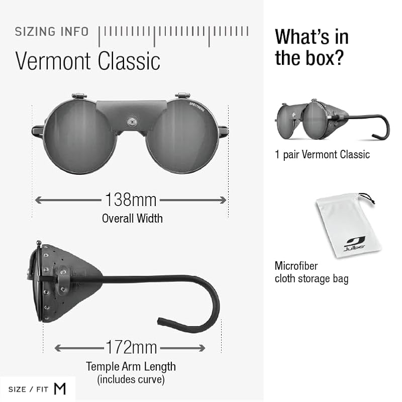Julbo Vermont Classic Glacier Sunglasses with Leather Side Shields - Black Frame & Silver Mirror 51mm