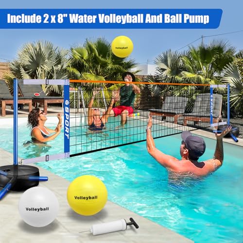 Blue Portable Pool Volleyball Net System with Water Volleyballs, Adjustable 15-25FT, Heavy Duty Base