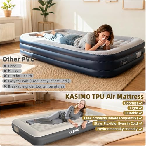KASIMO Twin Air Mattress with Cordless Rechargeable Pump, 75 x 35.5 x 8.7 inches, Eco-Friendly TPU