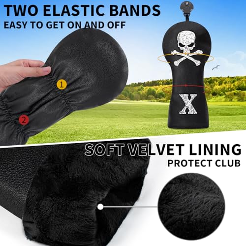 Golf Skull Skeleton Head Cover Golf Club Black Leather Headcovers Set Fits Driver Fairway Wood Hybrid Utility Putter Iron Wedge Headcover. (Hybrid)
