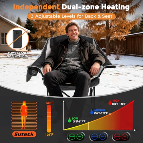 Suteck Heated Camping Chair - Oversized Folding Outdoor Chair with 3 Heat Levels & Dual Zone Control