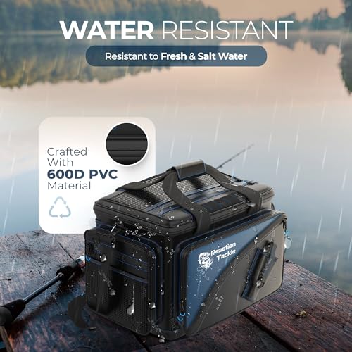 Reaction Tackle Saltwater Fishing Tackle Bag - Medium Water-Resistant 1000D PVC with Removable Dividers, Fits 3600 Trays