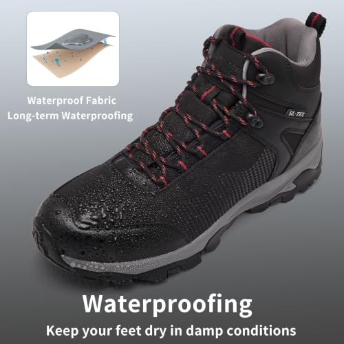 Men's Waterproof Hiking Boots - Lightweight Breathable Outdoor Shoes, Black Red, Size 7