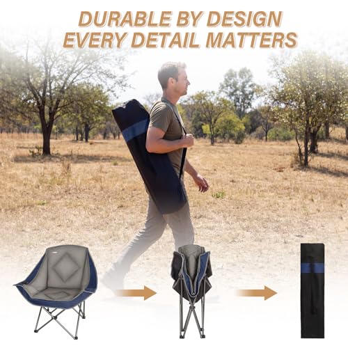 Oversized Portable Camping Chair with Cup Holder - Blue, Heavy Duty Padded Lawn Chair for Camping, Beach & Outdoor Use