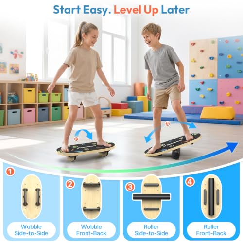 Sportneer Kids Balance Board Doodle Black - Adjustable 4-Mode Wobble Trainer