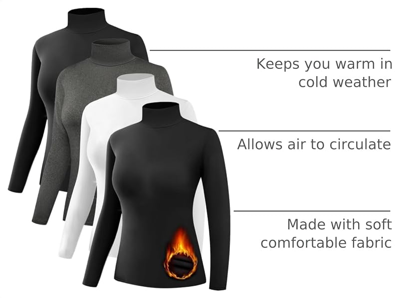 Dalavch 4-Pack Women's Fleece-Lined Thermal Turtleneck Shirts – Black, Heather Gray & White (Large)