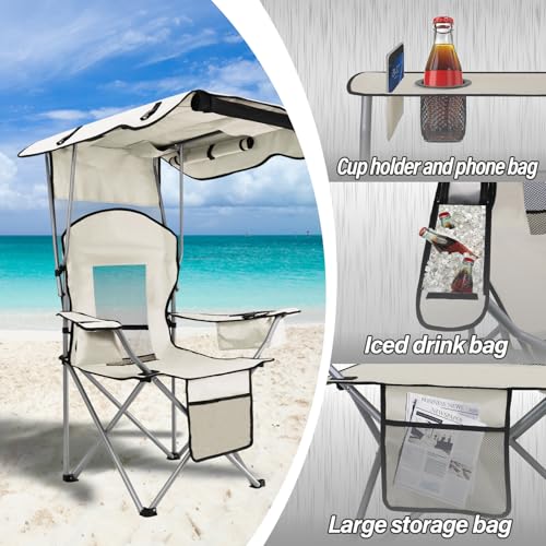 MKSY White Beach Chair with Canopy Shade, Folding Camping Support 330LBS