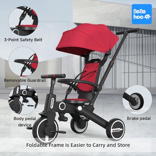 Red 7-in-1 Toddler Tricycle Stroller with Foldable Push Handle and Adjustable Seat