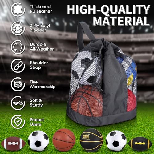 Sratte 6-Piece Sports Ball Set - Official Size Football Basketball Soccer Black Gold