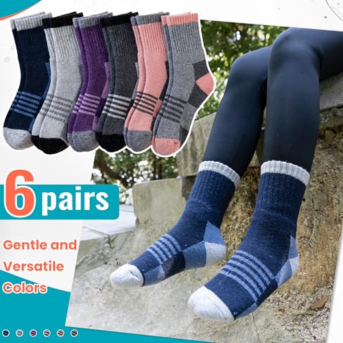 Toddler Kids Merino Wool Hiking Socks 6 Pairs Winter Warm Thermal Crew Socks - Grey, Blue, Purple 13-15 Years
