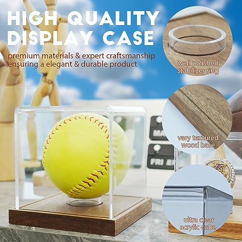 Softball Display Case Clear Acrylic Ball Holder with Wood Base - Brown, 1 Pack