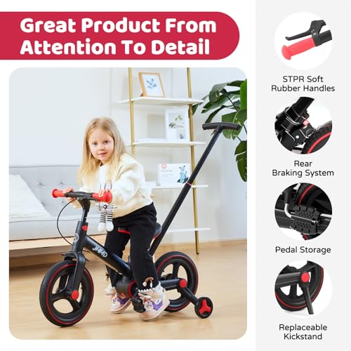 Black 12-Inch Foldable 6-in-1 Toddler Bike with Push Handle & Training Wheels