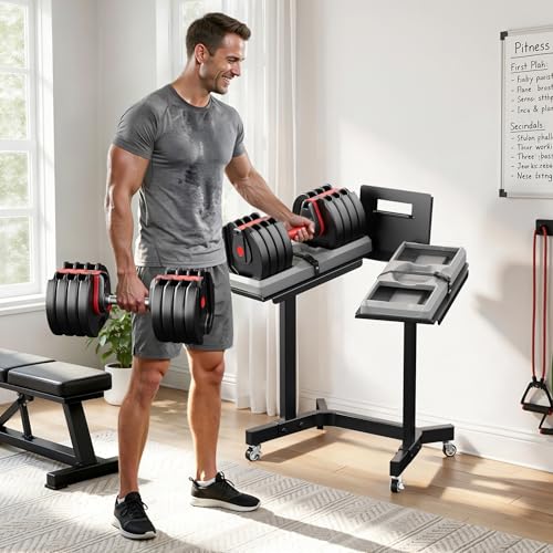 Heavy Duty Adjustable Dumbbell Rack with Tablet Holder and Wheels - Home Gym Organizer