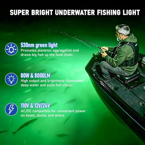 Underwater Green Fishing Light 80W 110V/12V/24V - 33FT Variation