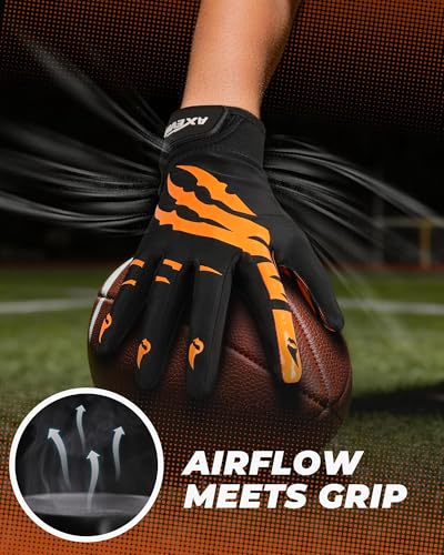 Youth Football Gloves Non-Slip Grip Black-Orange Small AXEVMEN