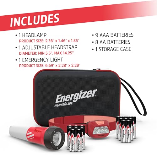 Energizer WeatheReady Power Outage Kit with 2-in-1 LED Flashlight Lantern, LED Headlamp, IPX4 Water-Resistant, Backup AA + AAA Batteries, Storage Case, Hurricane Preparedness Items