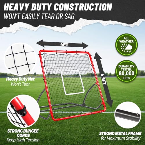 Red Heavy Duty Baseball Rebounder Net Pitchback 4x4.5 FT - Weather-Resistant Training Aid