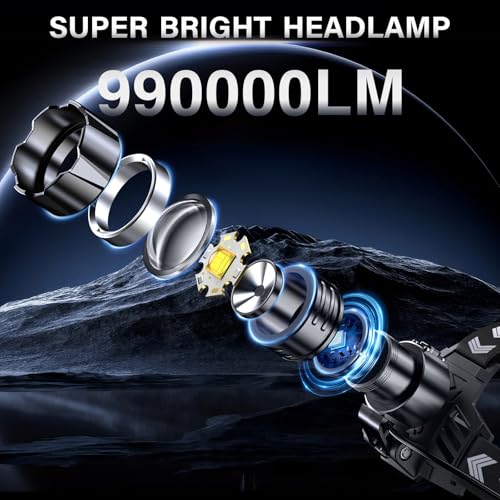 Rechargeable LED Headlamp 99000 Lumens Long Battery Life 95H - 2 Pack White Light