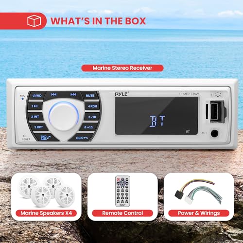 Pyle Marine Bluetooth Radio Receiver & Waterproof Boat Speaker Set - 12V Single DIN