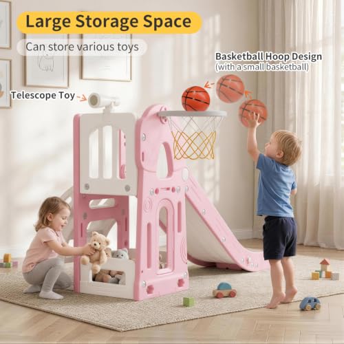 Pink 6 in 1 Toddler Indoor Outdoor Slide for 1-3 Year Olds, Foldable Playset