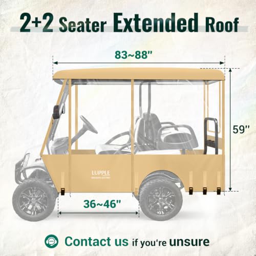 4 Seater Golf Cart Enclosure 83-88" Extended Roof Khaki Rain Cover with Side Mirror Opening