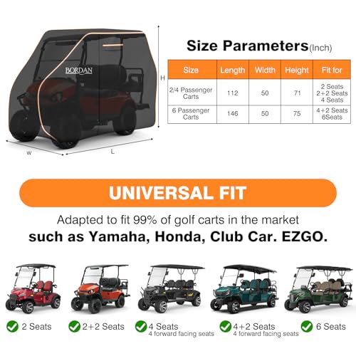 Heavy Duty Golf Cart Cover for 2/4/6 Passengers with Orange Reflective Strips - Universal Fit, Water-Resistant