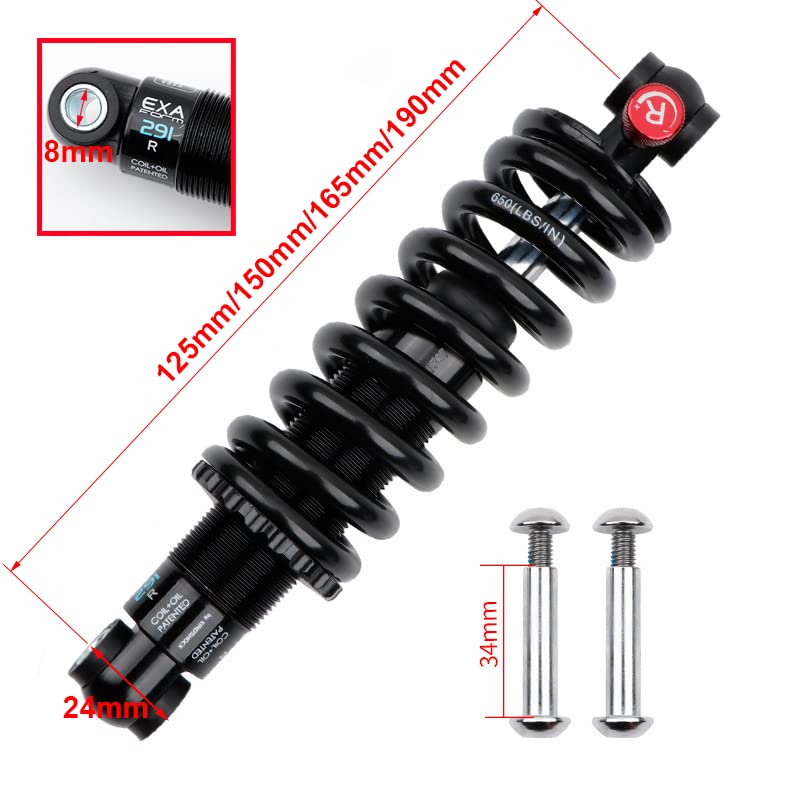 JFOYH EXA Form 291R Rear Shock Absorber 190mm/650LBS Adjustable MTB e-Bike Scooter