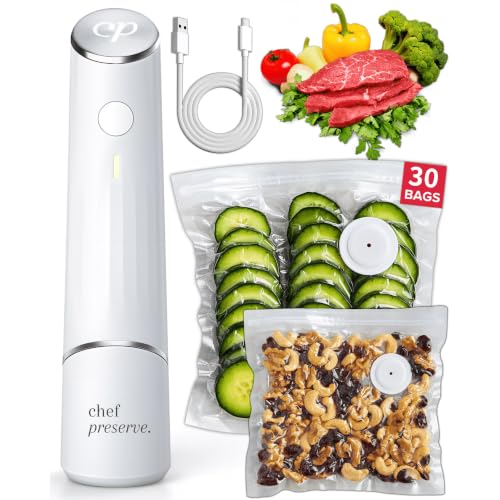 Chef Preserve Compact Handheld Vacuum Sealer with 30 Reusable Food Bags – Portable & Powerful Food Preservation Machine