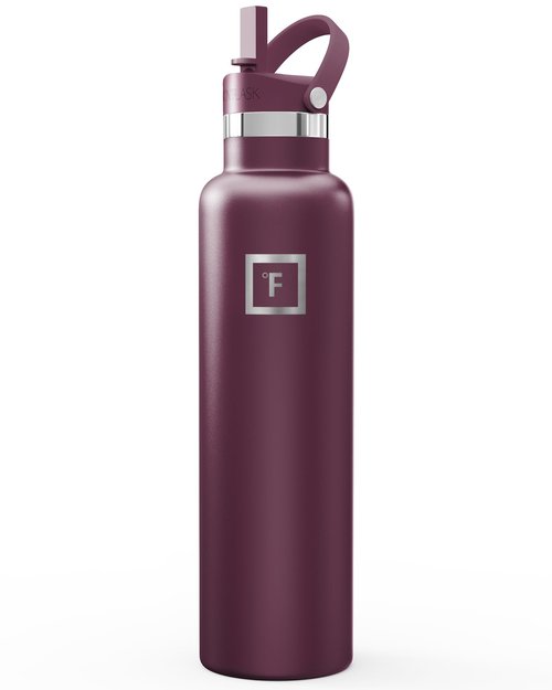 IRON °FLASK Camping & Hiking Hydration Flask with Straw, Narrow Mouth Insulated Stainless Steel Sports Water Bottle - Burgundy 24 oz - Straw (1 Lid)