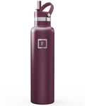 IRON °FLASK Camping & Hiking Hydration Flask with Straw, Narrow Mouth Insulated Stainless Steel Sports Water Bottle - Burgundy 24 oz - Straw (1 Lid)